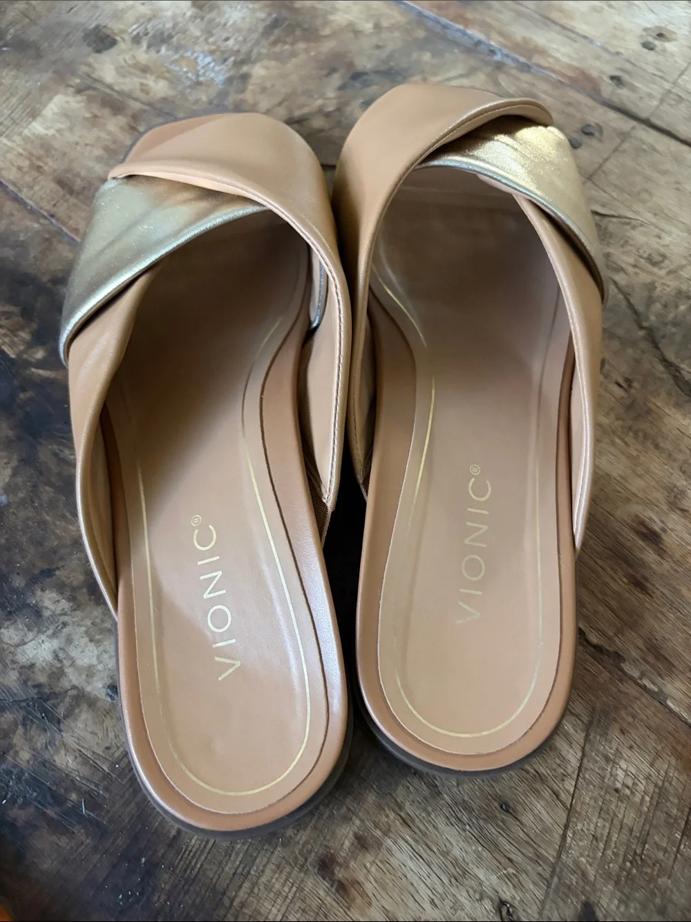Vionic Miramar Comfort Slide Tan and Gold Crossover Sandals - Picture 3 of 4